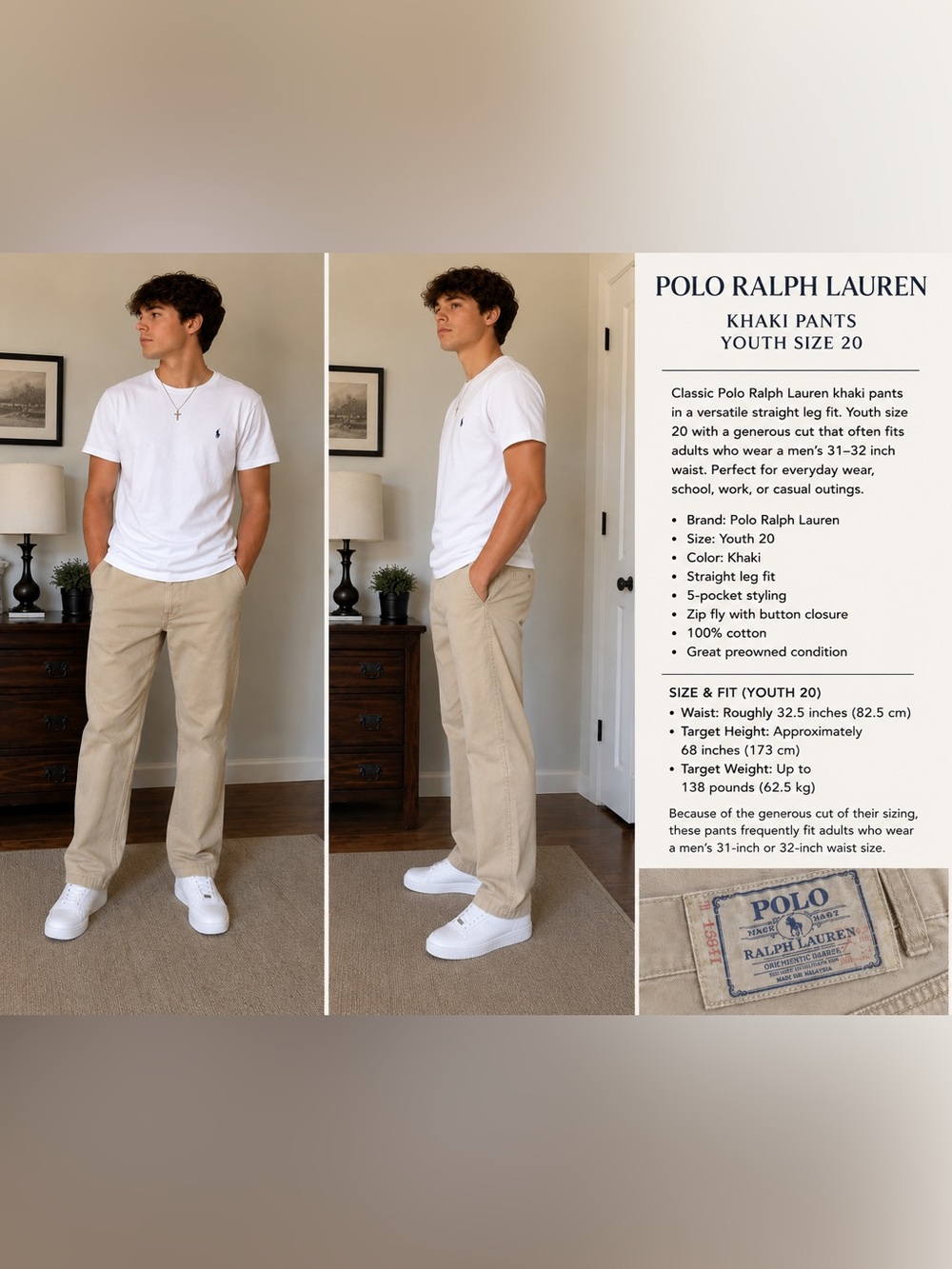 Polo Ralph Lauren Khaki Straight Leg Pants Youth Size 20 Fits Mens 31-32 Waist V